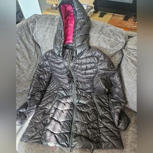 Noize Women Black Full-Zip Zipper Pocket Lightweight Puffer Hooded Mid Jacket XL